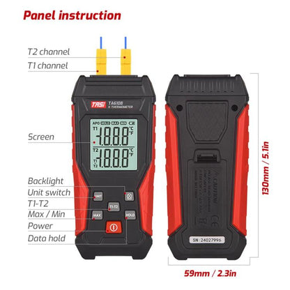 TRSI TA616B Industrial Handheld K-Type Thermocouple Thermometer, Dual Channel, Basic Version