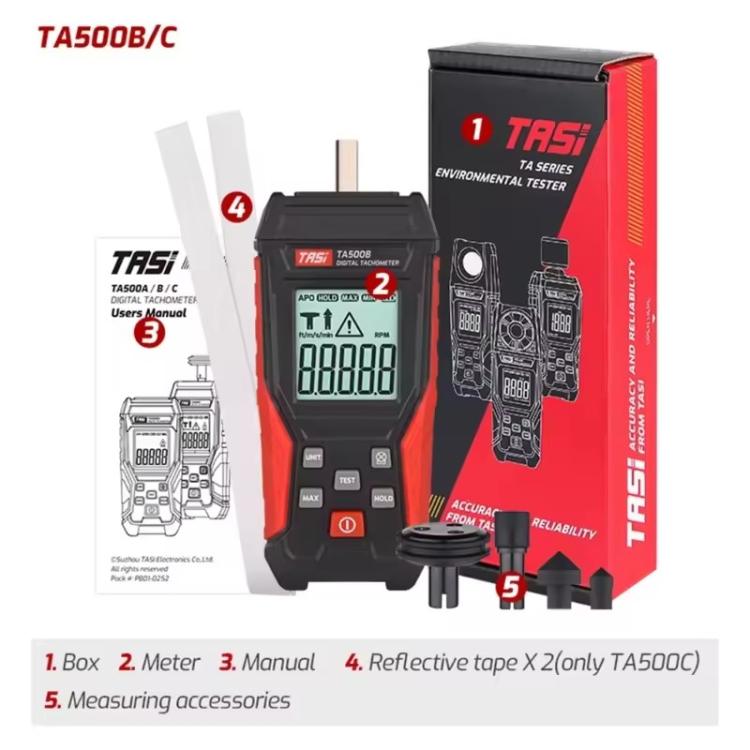 TASI TA500B Contact Measurement Laser Tachometer Digital Display Measuring Speed Meter(Black Red)