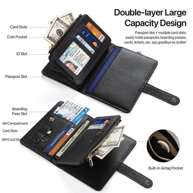 DUX DUCIS PU Leather RFID Multi-card Wallet with Lanyard(Black)