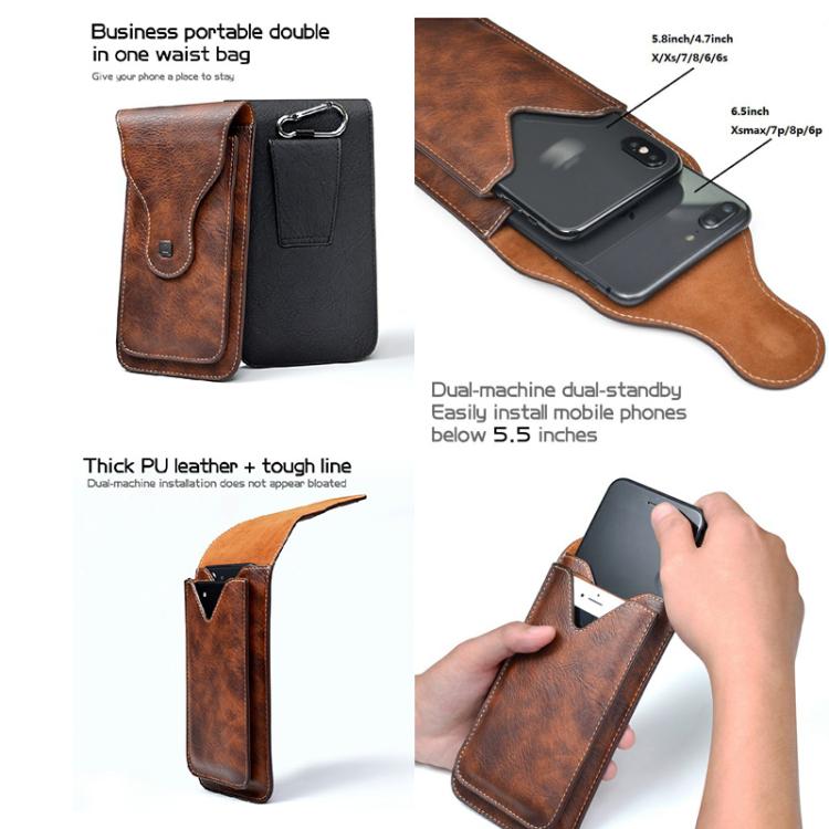 VIETAO Dual-Layer Pockets Crazy Horse Waist-Hanging Phone Bag(Brown)