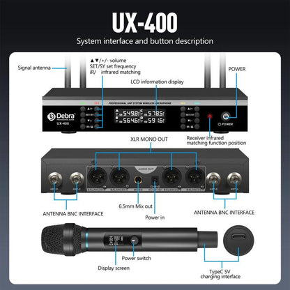 DEBRA UX-400 UHF Wireless Rechargeable Microphone System 4-in-1(EU Plug)