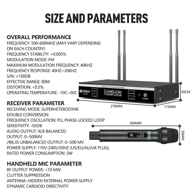 DEBRA UX-400 UHF Wireless Rechargeable Microphone System 4-in-1(AU Plug)
