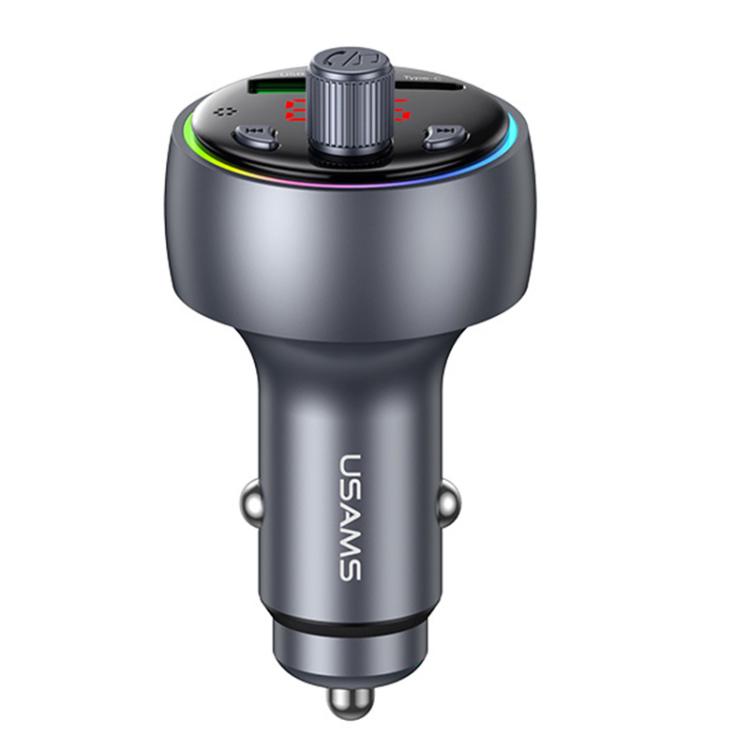 USAMS CC328 30W USB and Type-C Car Fast Charger Digital Display Bluetooth FM(Gunmetal)