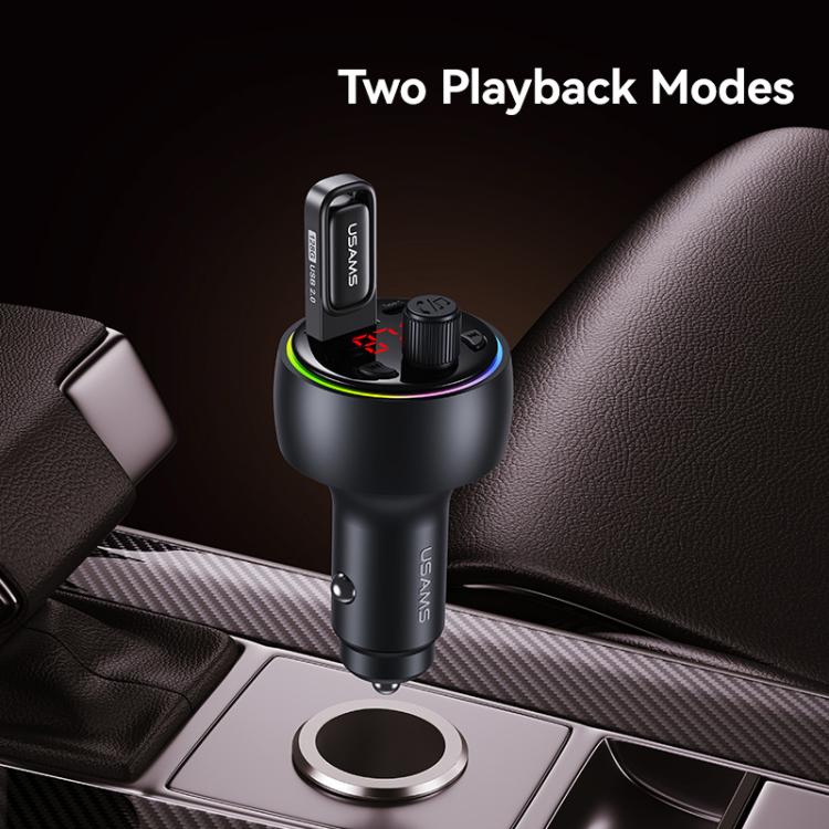 USAMS CC328 30W USB and Type-C Car Fast Charger Digital Display Bluetooth FM(Gunmetal)