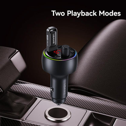 USAMS CC328 30W USB and Type-C Car Fast Charger Digital Display Bluetooth FM(Gunmetal)