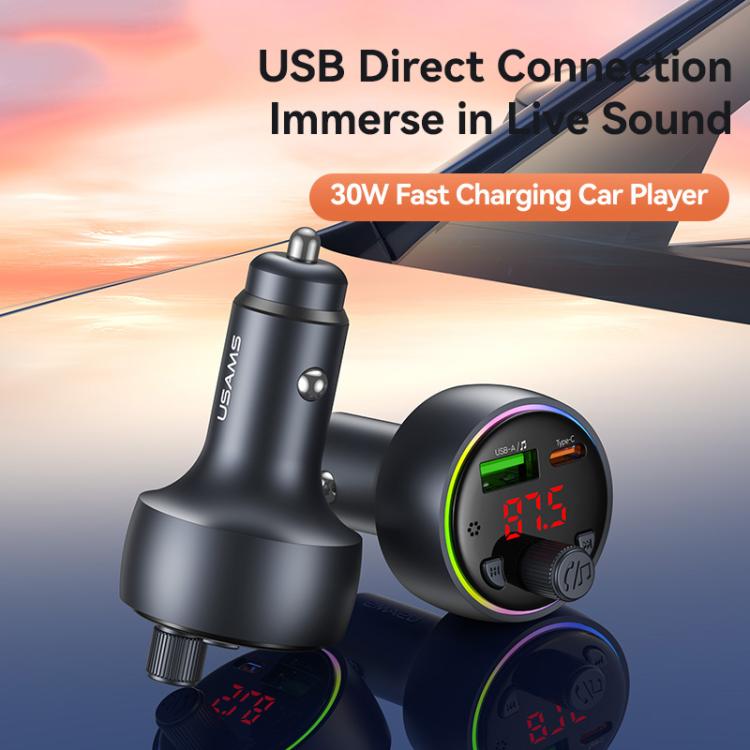USAMS CC328 30W USB and Type-C Car Fast Charger Digital Display Bluetooth FM(Gunmetal)