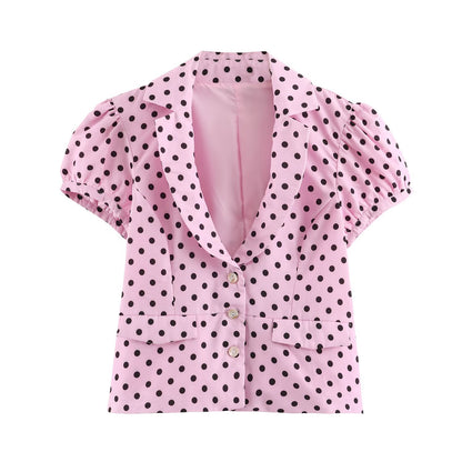 Two button polka dot short sleeved shirt for women