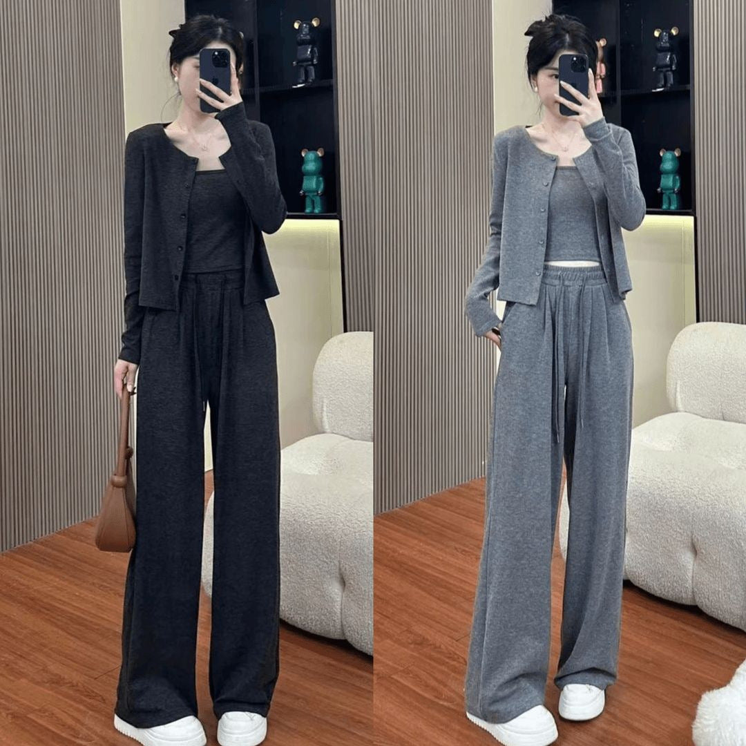 Wide-Leg Pants with Cardigan Jacket, 3-Piece Women's Outfit