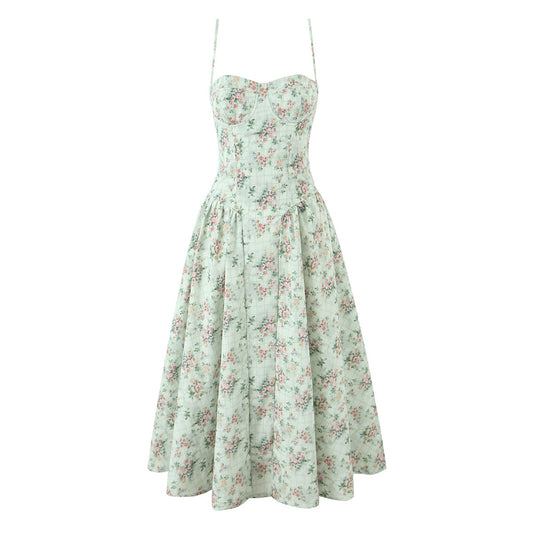Green Floral Print Pleated Strapless Dress