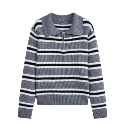 Women's Striped Long Sleeve Polo Knit Top