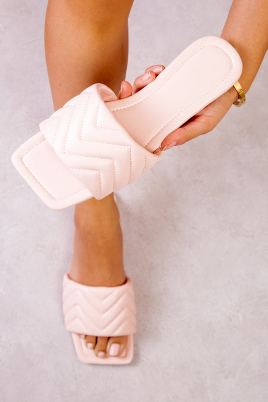TANNER ZIG ZAG QUILTED SQUARE TOE SLIDERS IN PINK FAUX LEATHER