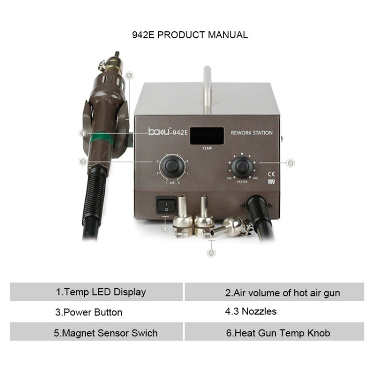 BAKU BA-942E 110V Digital Display Adjustable Temperature Hot Air Gun Desoldering Station Set, US Plug