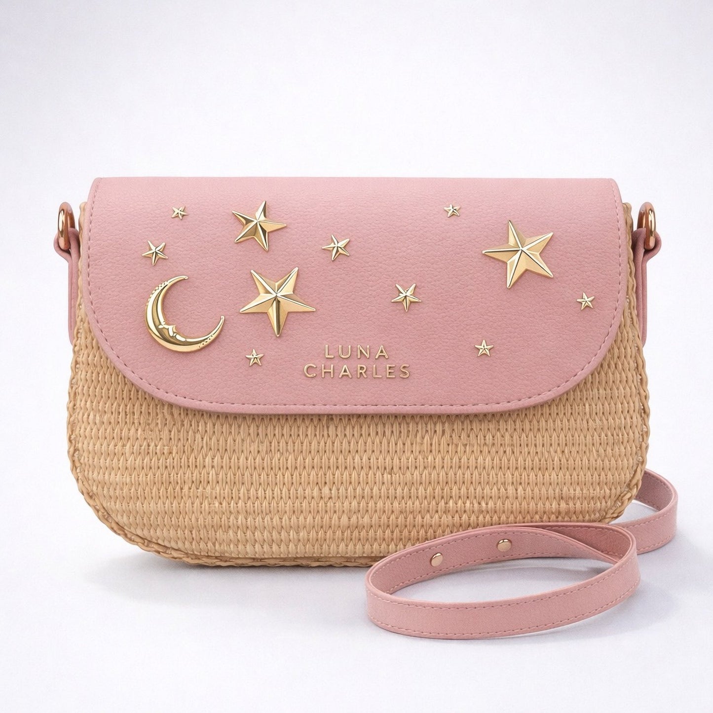 Sac à main en rotin clouté Elena – Rose et or