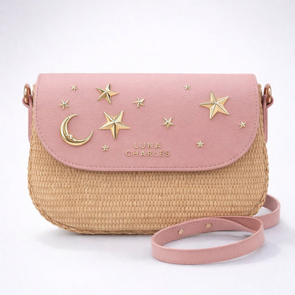 Sac à main en rotin clouté Elena – Rose et or
