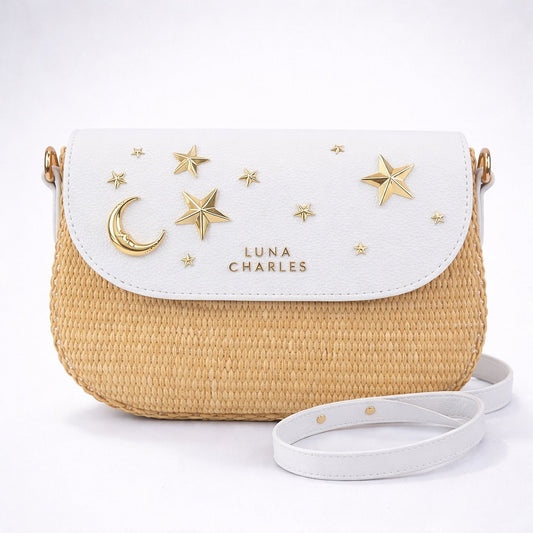 Elena Star Studded Rattan Handbag - White & Gold