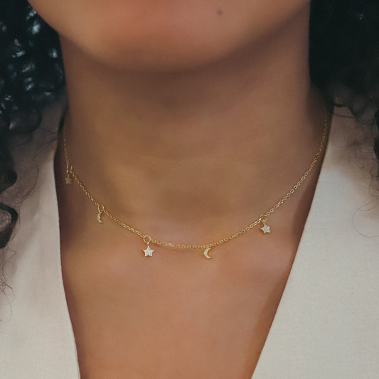 Elsie Star & Moon Charm Necklace | 18k Gold Plated