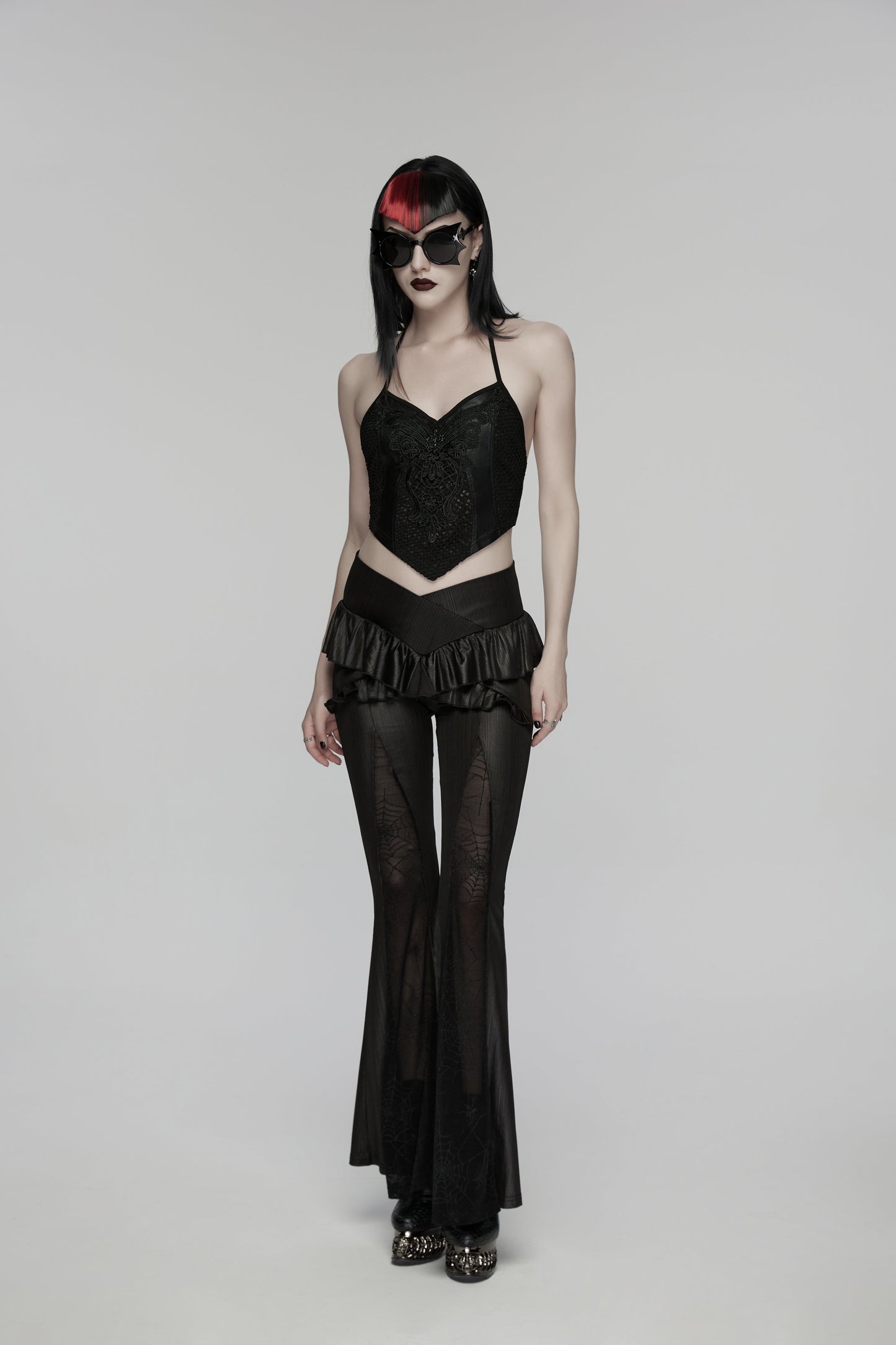 Punk Rave Goth Camisole Top with Feature Embroidery and Tie Back
