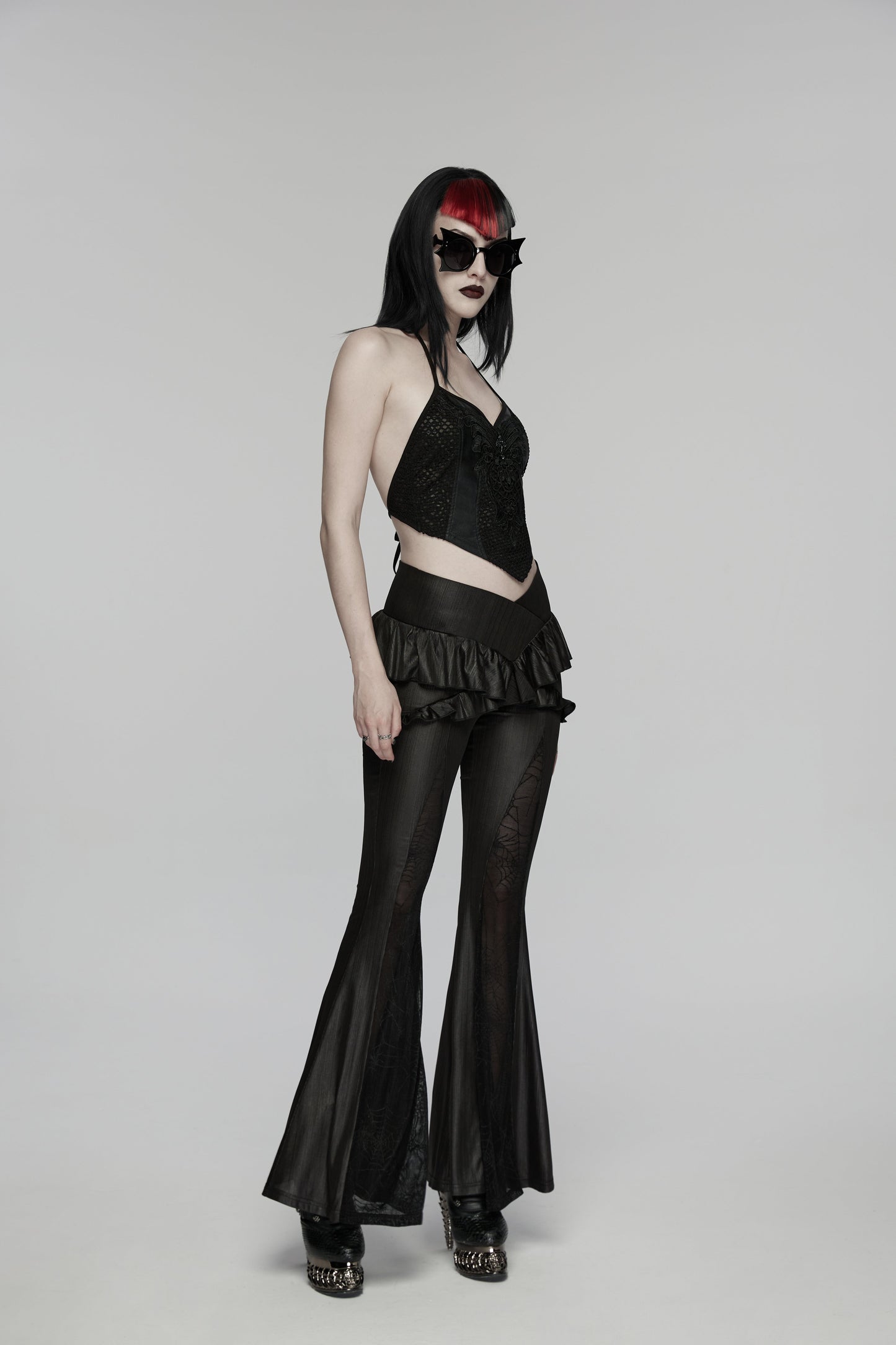 Punk Rave Goth Camisole Top with Feature Embroidery and Tie Back
