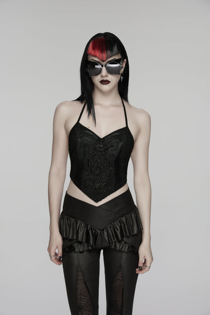 Punk Rave Goth Camisole Top with Feature Embroidery and Tie Back