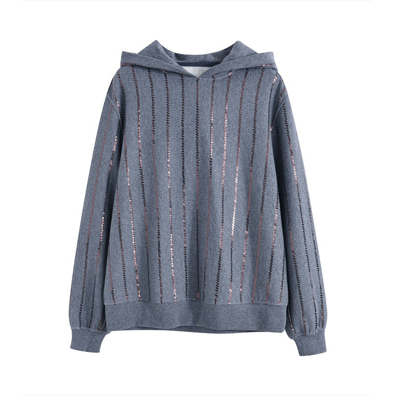 Sequined Vertical Stripe Hooded Sweatshirt for Women