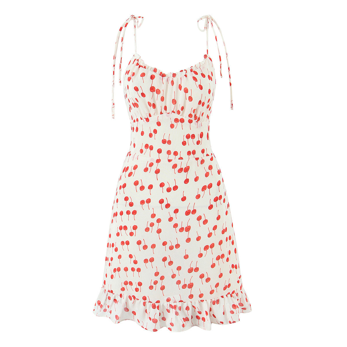 Print Lace-up V-neck Strapless Dress with Ruffled Hem and Slim Fit