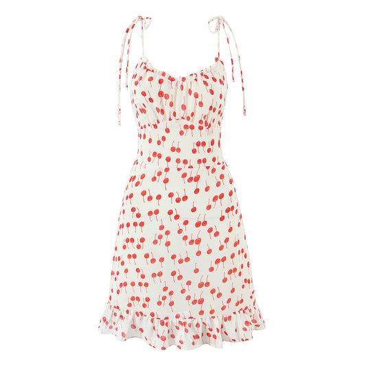 Print Lace-up V-neck Strapless Dress with Ruffled Hem and Slim Fit