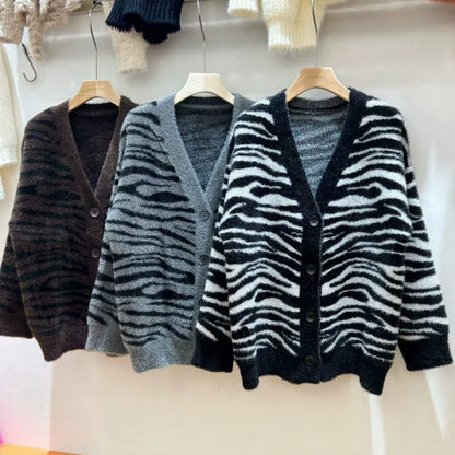 Zebra striped color blocked loose V-neck sweater