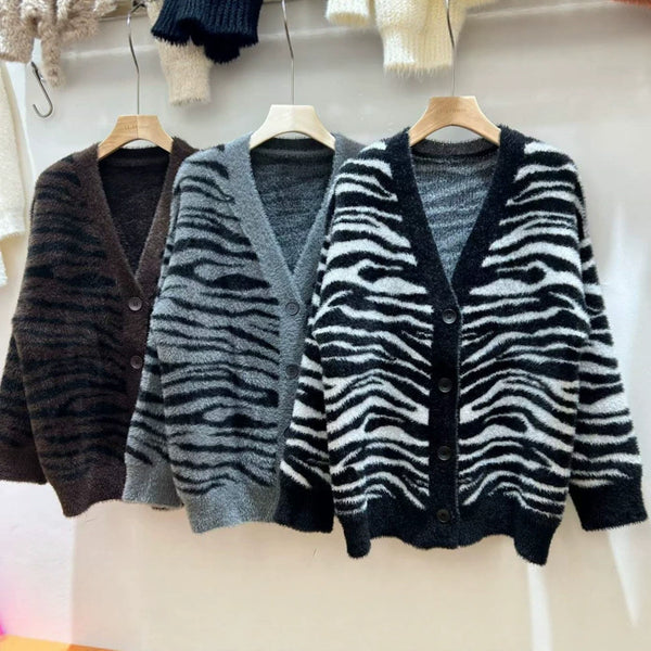 Zebra striped color blocked loose V-neck sweater