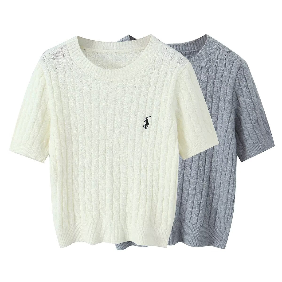 College style round neck embroidered short sleeved knitted sweater