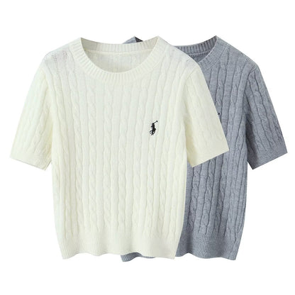 College style round neck embroidered short sleeved knitted sweater