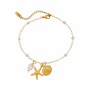 Bracelet de cheville Ocean Luxe en plaqué or 18 carats avec perles, étoiles de mer et coquillages