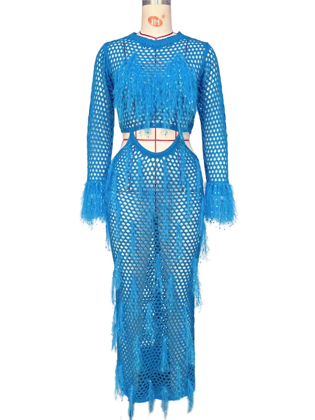 Women's Hollow Knit Beach Cover-Up | Faux Mink Fringe Long Skirt | High Waist | Acrylic | Boho Beachwear