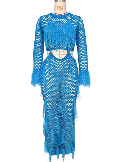 Women's Hollow Knit Beach Cover-Up | Faux Mink Fringe Long Skirt | High Waist | Acrylic | Boho Beachwear