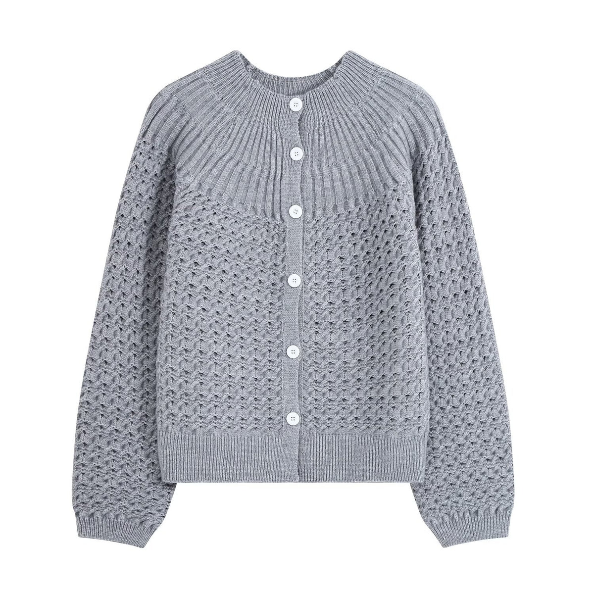 Round neck hollow design knitted sweater jacket for women
