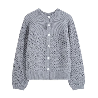 Round neck hollow design knitted sweater jacket for women