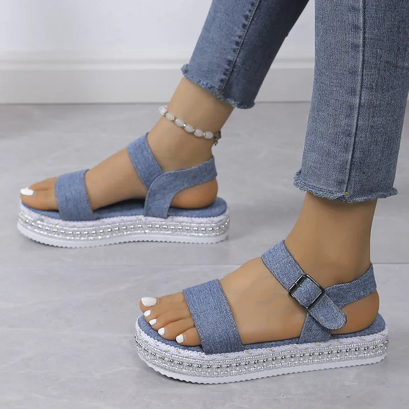 Women's Glossy Platform Peep Toe Buckle Sandals