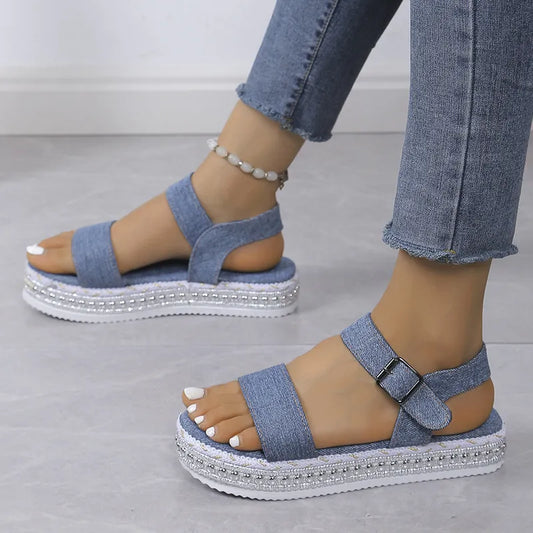 Women's Glossy Platform Peep Toe Buckle Sandals