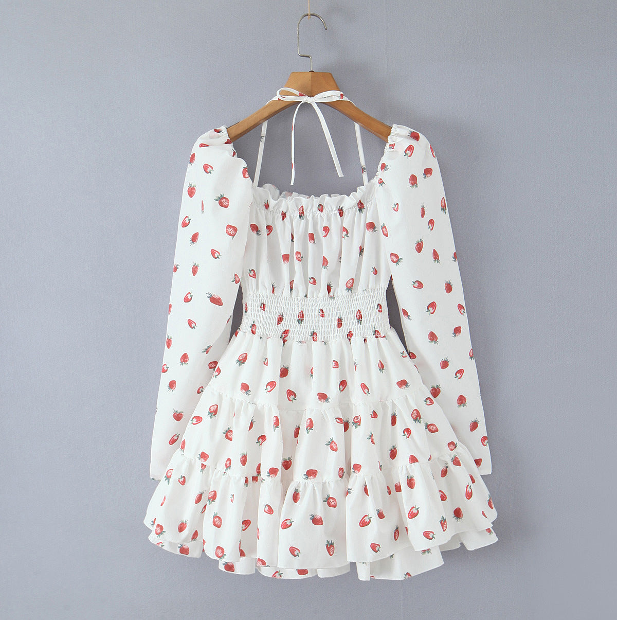 Strawberry Print Square Neck Bubble Sleeve Waist-tied Dress