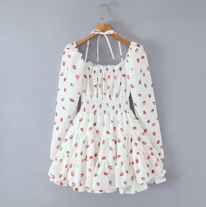 Strawberry Print Square Neck Bubble Sleeve Waist-tied Dress