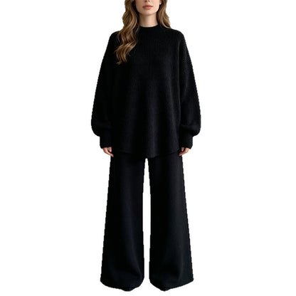 Loose solid color pullover sweater set