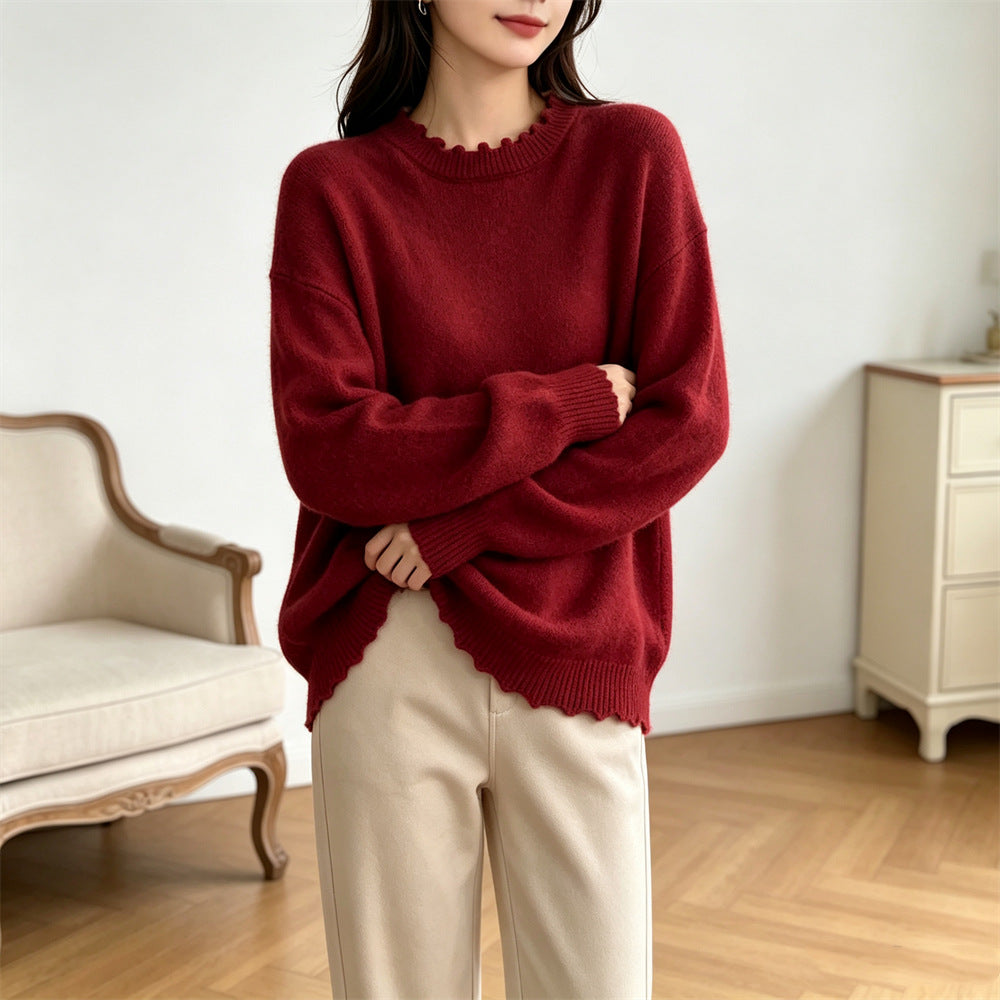 Solid color lace long sleeved pullover sweater