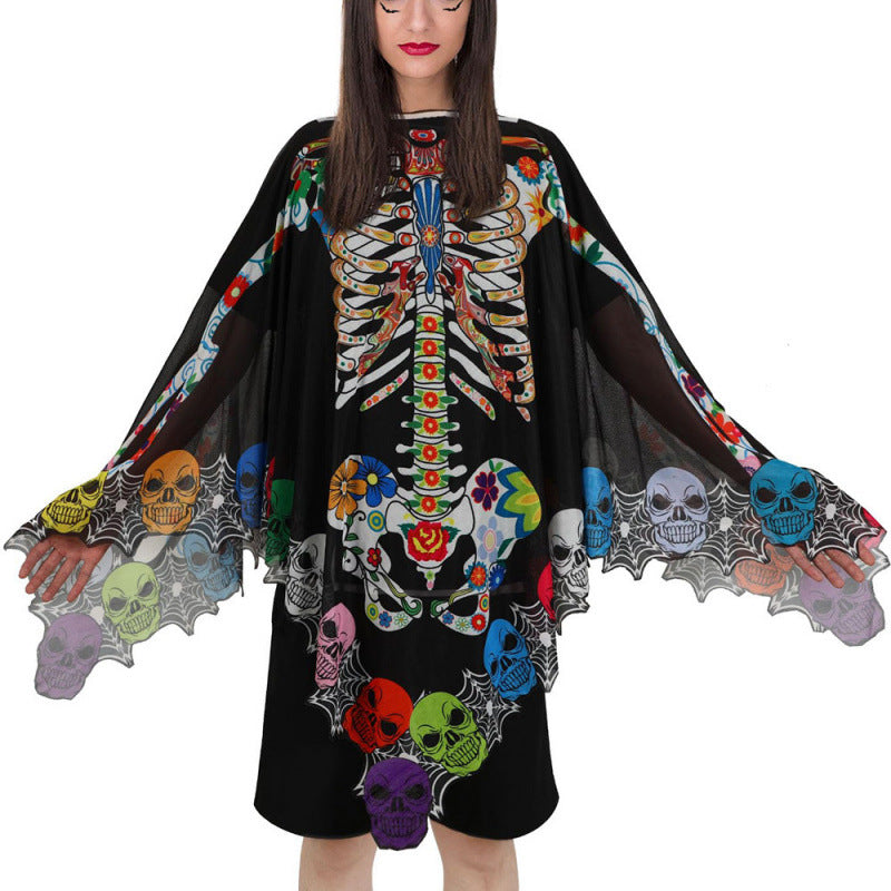 Halloween Party Costume Lace Skull Cape Day of the Dead Women's Cloak Digital Print Bone Skeleton Shawl