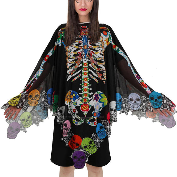 Halloween Party Costume Lace Skull Cape Day of the Dead Women's Cloak Digital Print Bone Skeleton Shawl