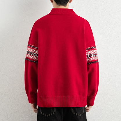 Men's Casual Ethnic Jacquard Stand Collar Half-Zip Knit Sweater