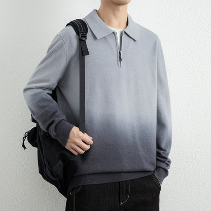 Men's Gradient Half Zip Lapel Collar Relaxed Fit Sweater