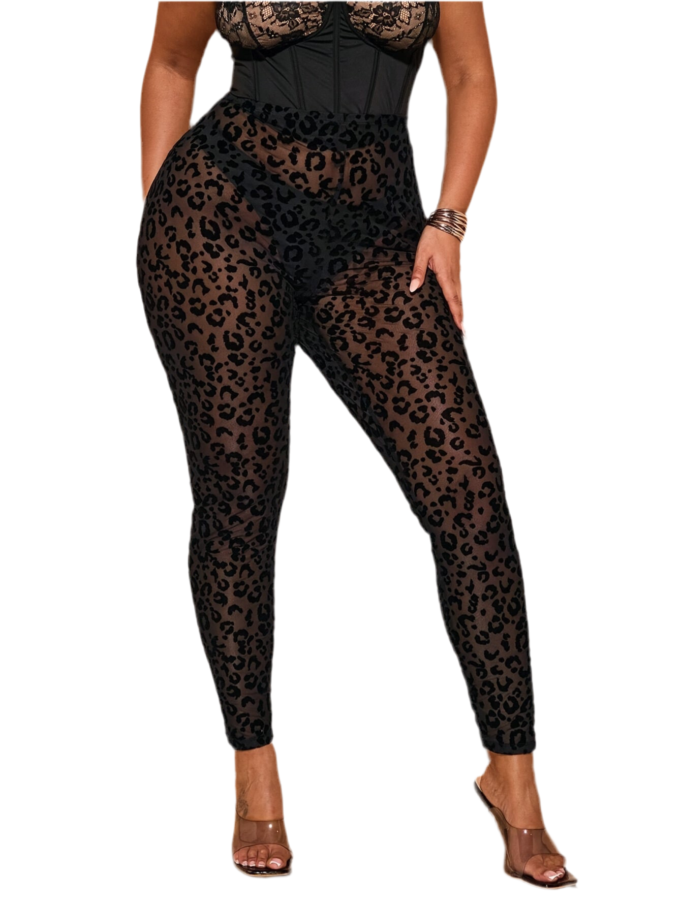 Plus Size Women's Black Leopard Print Sheer High-Waisted Leggings