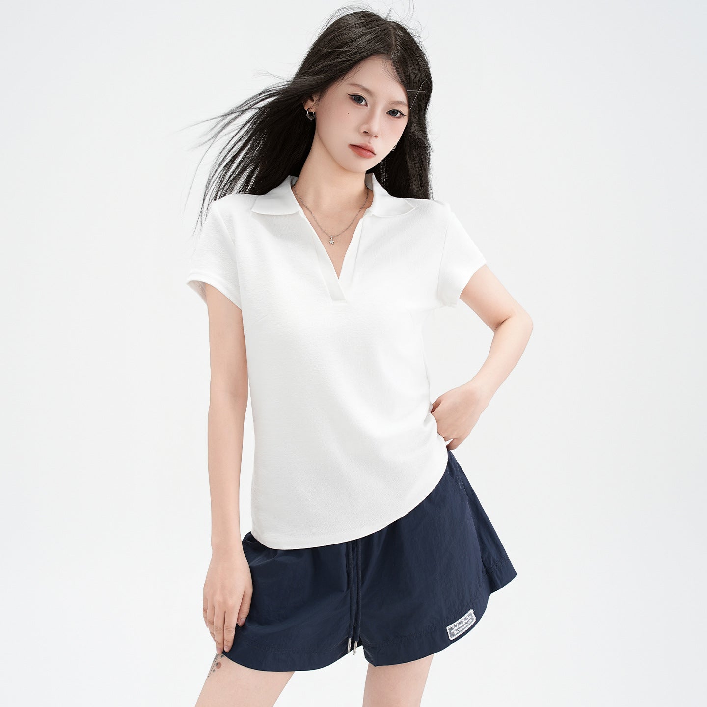 Polo Collar Straight Shoulder Short Sleeve T-Shirt for Women