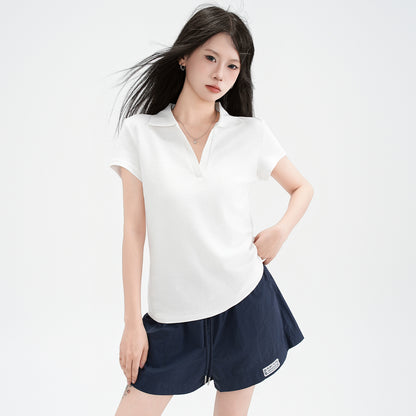 Polo Collar Straight Shoulder Short Sleeve T-Shirt for Women