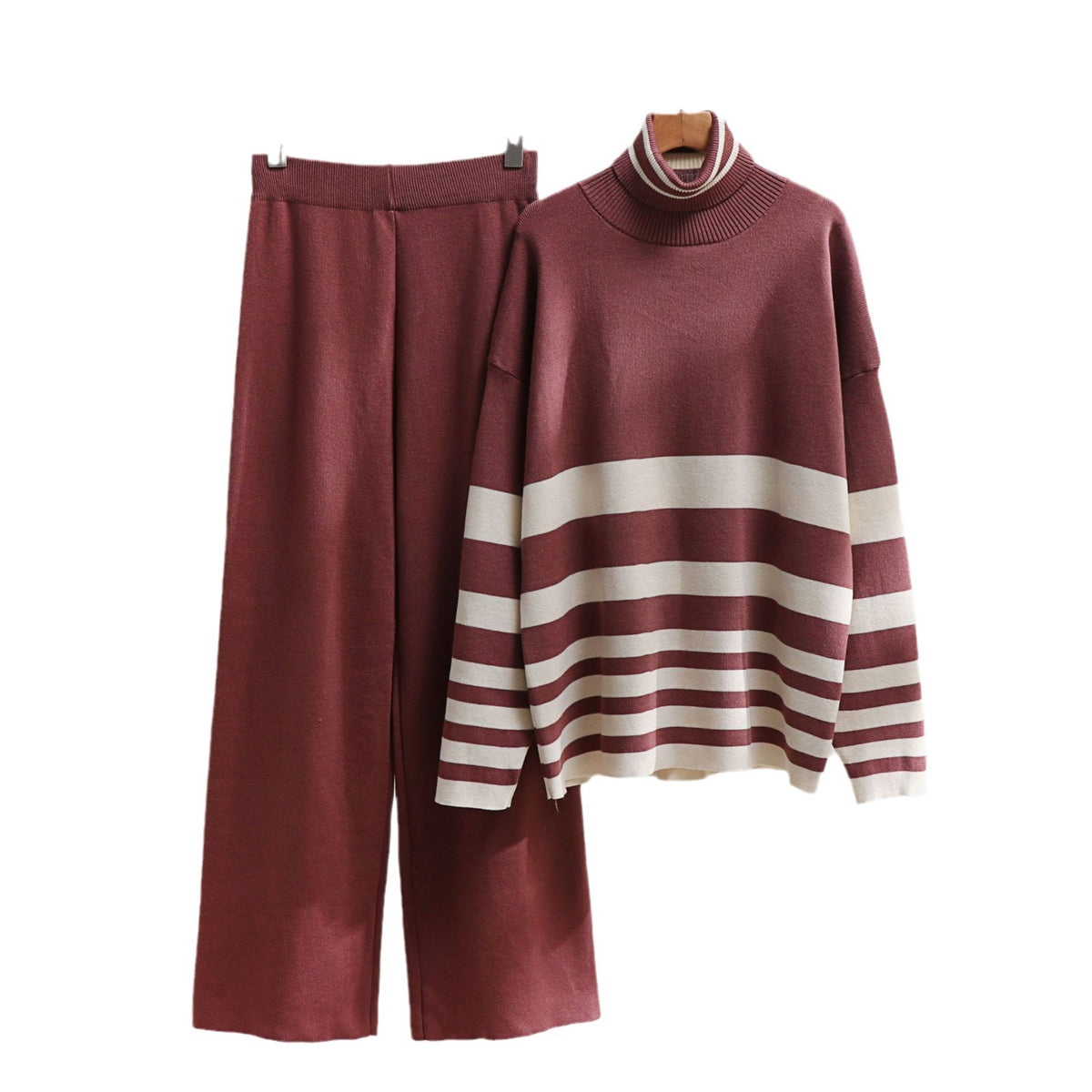 knitted sweater, high waist loose wide leg pants set,
