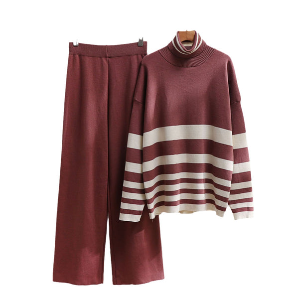 knitted sweater, high waist loose wide leg pants set,